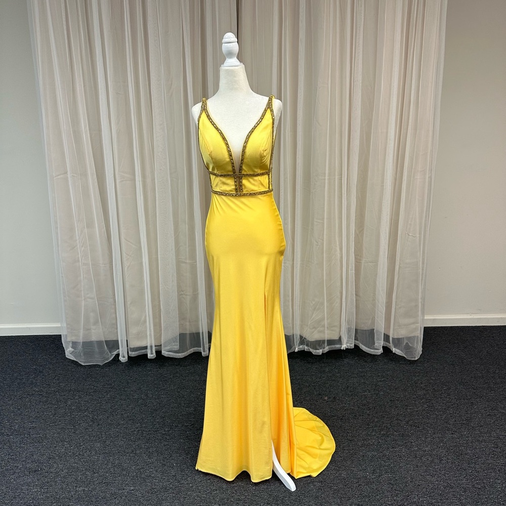 Prom Yellow Evening Gown with Cut Outs and Rhinestones XS 2